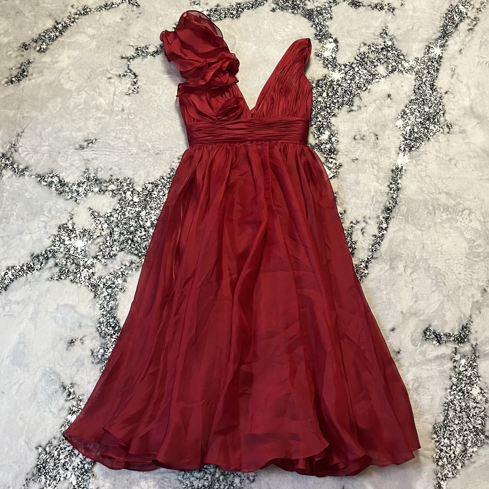 Mac Duggal Dress Womens Size 4 Red Chiffon Fit Flare Midi V Neck Ruffle Detail